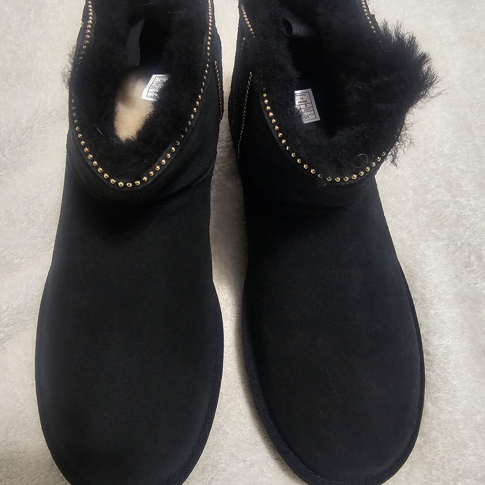 UGG Black Fur-Lined Winter Boots with Gold Accents